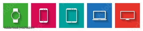 Electronic device flat design vector icons with smartwatch, smartphone, tablet, laptop and television
