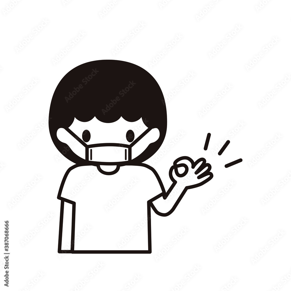 Pictogram of a boy wearing a mask and making the OK sign with his hand