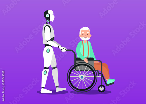 Clipart illustration of cyborg assistances and cares about grandfather he sits on wheelchair. Future technology.