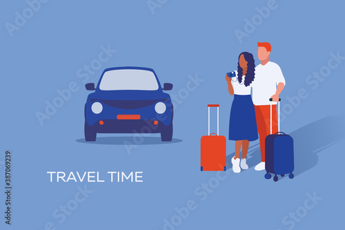 Illustration of journey of couple in love they stay with suitcases in background with car. Travel and vacation time. © Fxquadro