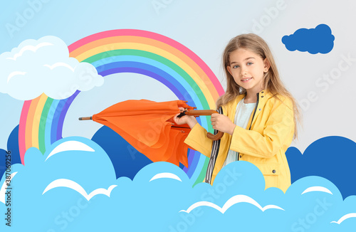 Cute little girl in raincoat and with umbrella on grey background with drawn rainbow and clouds