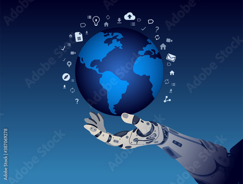 Illustration of futuristic hand of cyborg it holds a planet with media icons around in dark blue background.