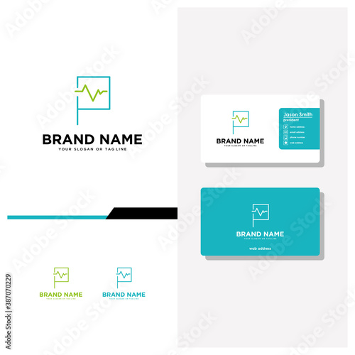 letter P pulse logo design and business card vector