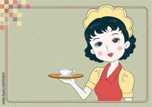 カフェを運ぶアンティーク風ウェイトレス・レトロ喫茶
