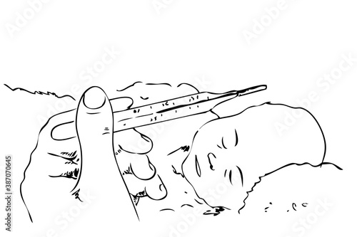 Vector Hand Draw Sketch, Doctor doing doing a temperature check to a baby
