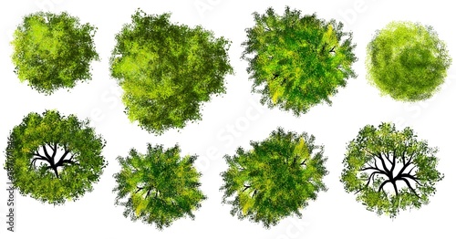 Collection of abstract watercolor green tree top view isolated on white background for landscape plan and architecture layout drawing, elements for environment and garden. 