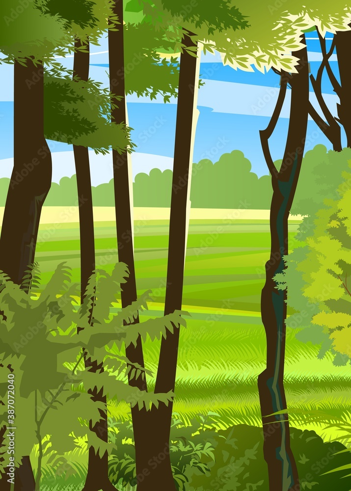Obraz premium Rural hills. Landscape with trees. Vector. Pasture grass for cows and a place for a vegetable garden and farm. Meadows and trees. Horizon. Beautiful view. Summer.