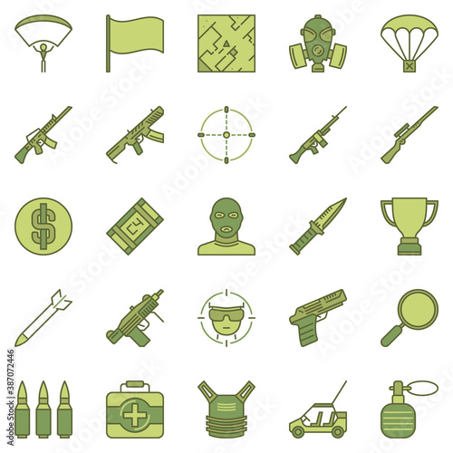 Battle Royale Game concept colored icons set. Vector Online Shooter Video Game creative signs