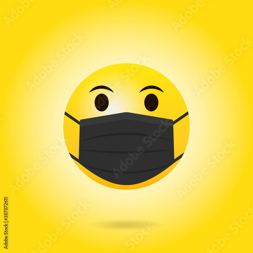 Yellow face emoji with medical mask. COVID-19 emoticon concept. Vector illustration