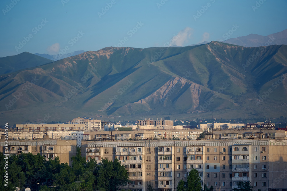 Bishkek city and mountains in the morning