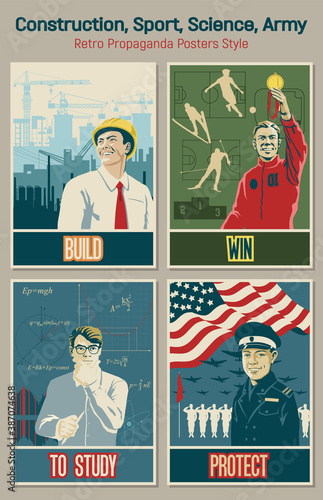 Learning, Education, Sport, Science, Work Propaganda Posters, Athletes, Soldiers, Builder, Scientist 
