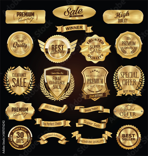 Collection of golden badges labels and tags