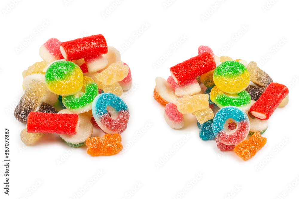 Assorted gummy candies. Top view. Jelly sweets. Isolated on white. Assorted gummy candies. Top view. Jelly sweets. Isolated on white.