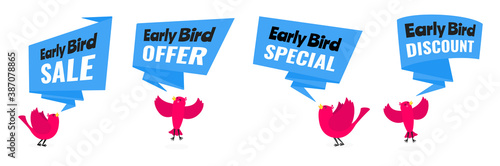 Early bird special offer discount sale event banner flat style design vector illustration set. Tiny bird and big ribbon banner with text isolated on white background.