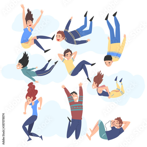People Floating in the Sky, Happy Dreaming Boys and Girls Flying in the Air Cartoon Style Vector Illustration