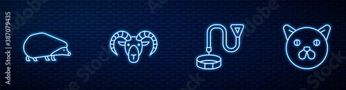 Set line Collar with name tag, Hedgehog, Head of goat or ram and Cat. Glowing neon icon on brick wall. Vector.