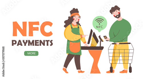 NFC - Contactless payment, flat vector landing page template. . Payment from smartphone, paypass technology.