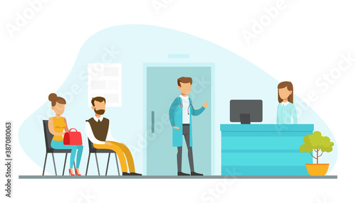 Patients Sitting on Chairs and Waiting in Queue in Hospital Hall, Reception of Medical Clinic Vector Illustration