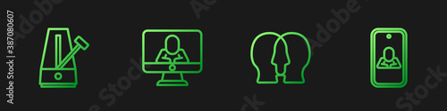 Set line Bipolar disorder, Metronome with pendulum, Psychologist online and . Gradient color icons. Vector.
