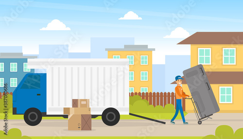 Home Appliance Delivery, Male Courier Delivering Fridge to Customer Door Vector Illustration