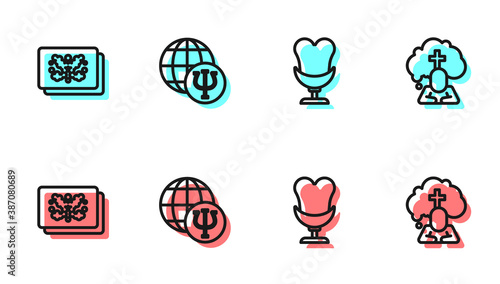 Set line Armchair, Rorschach test, Psychology, Psi and Man graves funeral sorrow icon. Vector.