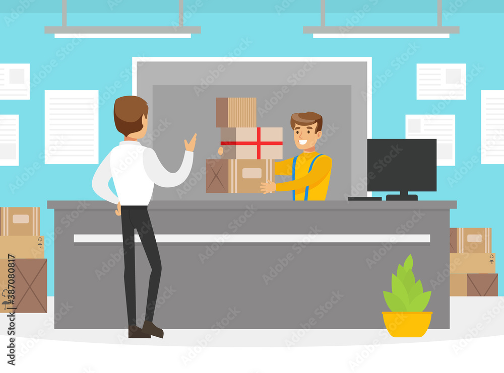 Male Customer Receiving Parcel Boxes at Post Worker, Delivery Service Office or Warehouse Interior Vector Illustration Male Customer Receiving Parcel Boxes at Post Worker, Delivery Service Office or Warehouse Interior Vector Illustration