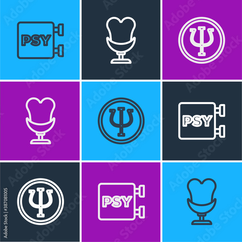Set line Psychology, Psi, and Armchair icon. Vector illustration