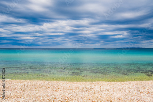 Croatia, island of Pag, Adriatic Sea shore and cloudy sky over horizon