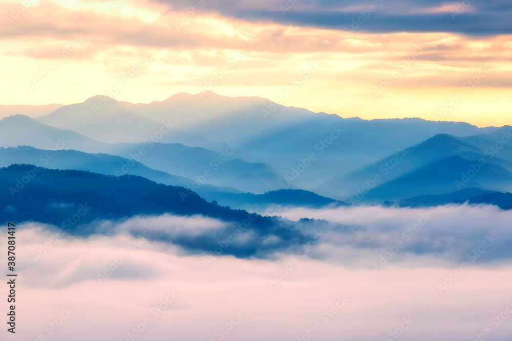 Scenic view of mountain and fog in morning sunrise, Landscape of natural Scenic view of mountain and fog in morning sunrise, Landscape of natural