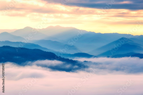 Scenic view of mountain and fog in morning sunrise, Landscape of natural © surakit