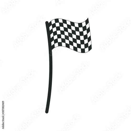 Chequered flag Cartoon style icon. Checkered black and white sign. Check pattern poleflag illustration. Motor sport race finish symbol. Victory championship logo. Isolated on white background.