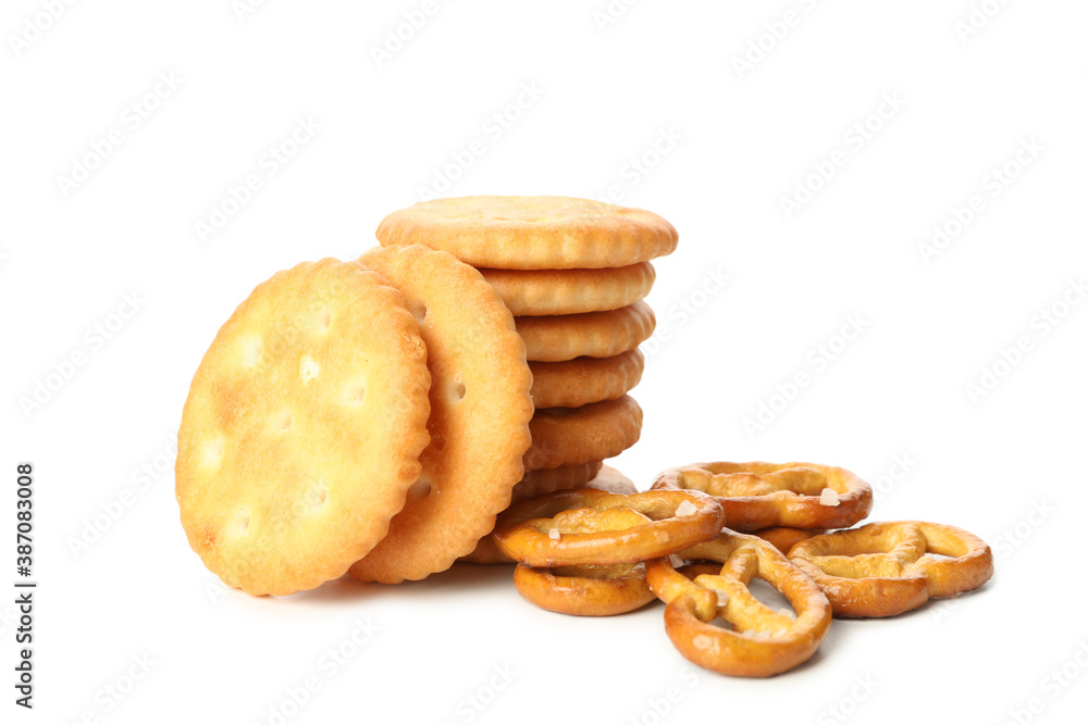 Tasty cracker biscuits isolated on white background