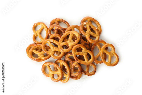 Tasty cracker pretzels isolated on white background