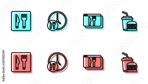 Set line Online ordering and delivery, Cafe restaurant location, Round the clock and Paper glass burger icon. Vector.