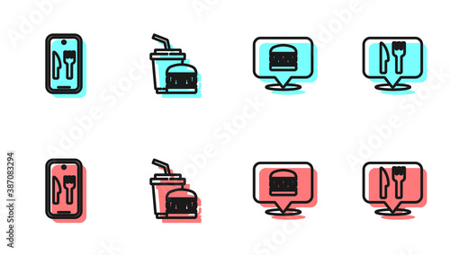 Set line Online ordering burger delivery, and, Paper glass and Cafe restaurant location icon. Vector.