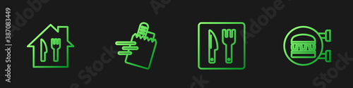 Set line Cafe and restaurant location, Online ordering delivery, and burger. Gradient color icons. Vector.