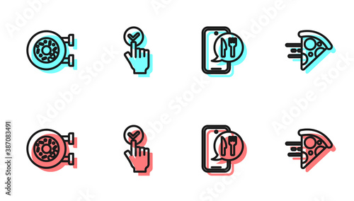 Set line Online ordering and delivery, Donut, and pizza icon. Vector.