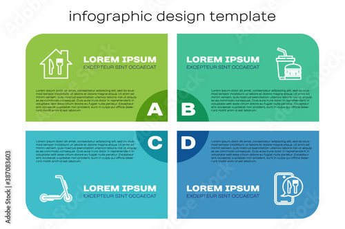 Set line Scooter delivery, Online ordering and, and Paper glass burger. Business infographic template. Vector.