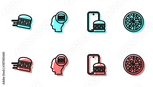 Set line Online ordering and delivery, burger, and Pizza icon. Vector.