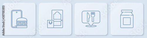 Set line Online ordering and delivery, Cafe restaurant location, and . White square button. Vector.