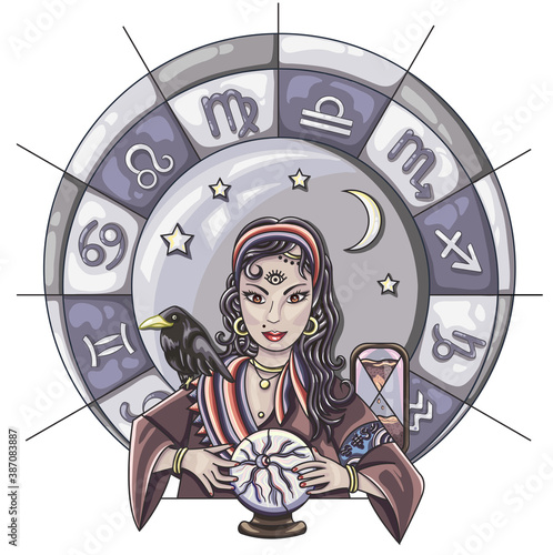 The oracle girl predicts the future on a magic ball. Zodiac signs vector illustration