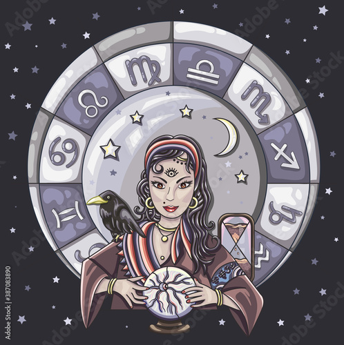 The oracle girl predicts the future on a magic ball. Zodiac signs vector illustration
