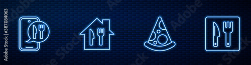 Set line Slice of pizza, Online ordering and delivery, and Cafe restaurant location. Glowing neon icon on brick wall. Vector.