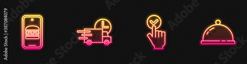 Set line Online ordering and delivery, , Fast by car and Covered with tray of food. Glowing neon icon. Vector.