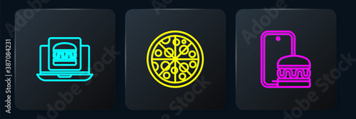 Set line Online ordering burger delivery, and and Pizza. Black square button. Vector.
