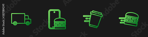 Set line Coffee cup to go, Fast delivery by car, Online ordering and and burger. Gradient color icons. Vector.