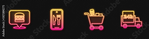Set line Shopping cart and food, Online ordering burger delivery, and Fast by. Glowing neon icon. Vector.