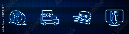 Set line Online ordering burger delivery, Cafe and restaurant location, Fast by car and . Glowing neon icon on brick wall. Vector.
