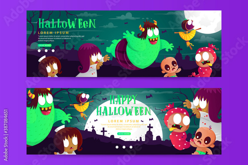 Halloween horizontal banner template with the cute Indonesian ghost
