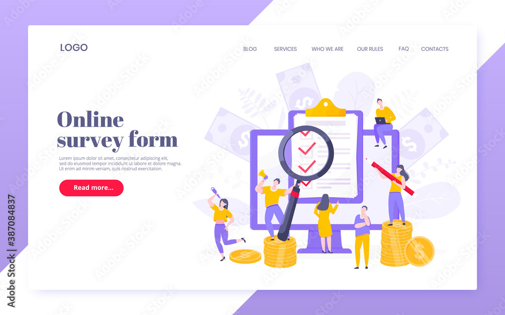 Online survey form or exam application on the monitor screen, claim form, clipboard and tiny people working together. Internet questionnaire, online education quiz vector illustration web template.